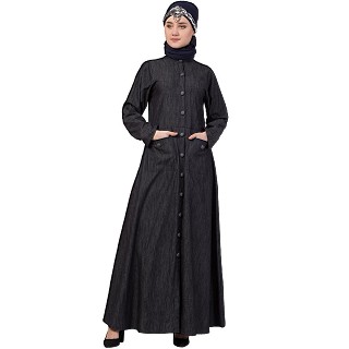 Front open denim abaya with front pocket-Black